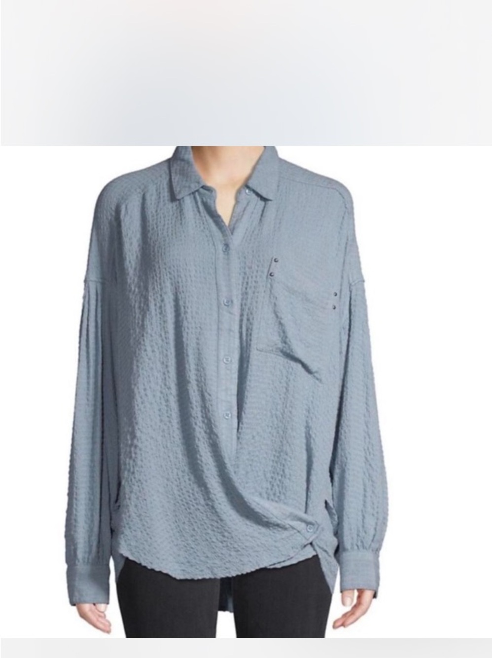 Free People “Hidden Valley” Blue Textured Gauze Button-Up Oversized Shirt Small